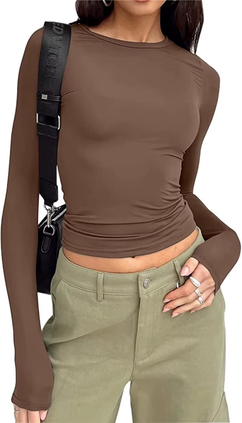 Women'S Long Sleeved T-Shirt Spring and Autumn Solid Color Slim Fit Pullover Women'S Basic T-Shirt Y2K Clothes Street Wear