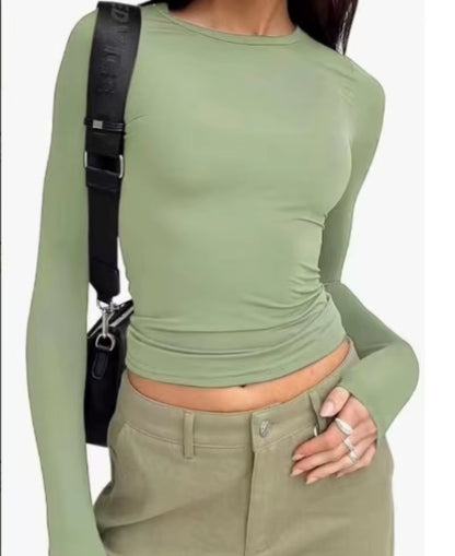 Women'S Long Sleeved T-Shirt Spring and Autumn Solid Color Slim Fit Pullover Women'S Basic T-Shirt Y2K Clothes Street Wear