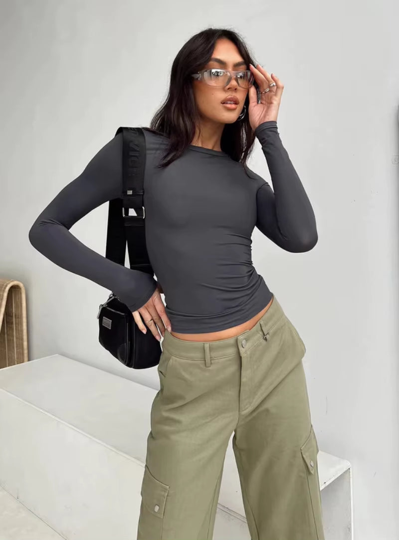 Women'S Long Sleeved T-Shirt Spring and Autumn Solid Color Slim Fit Pullover Women'S Basic T-Shirt Y2K Clothes Street Wear