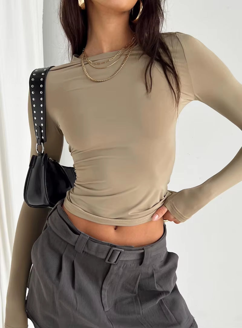 Women'S Long Sleeved T-Shirt Spring and Autumn Solid Color Slim Fit Pullover Women'S Basic T-Shirt Y2K Clothes Street Wear